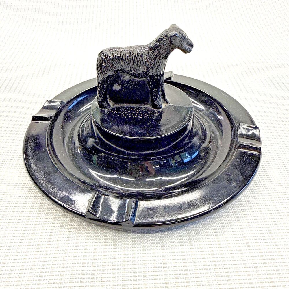 Vintage Antique Terrier Dog Black Amethyst Glass Ashtray 1930's